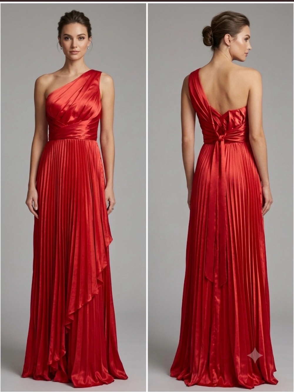 Red One-Shoulder Pleated Satin Evening Dress